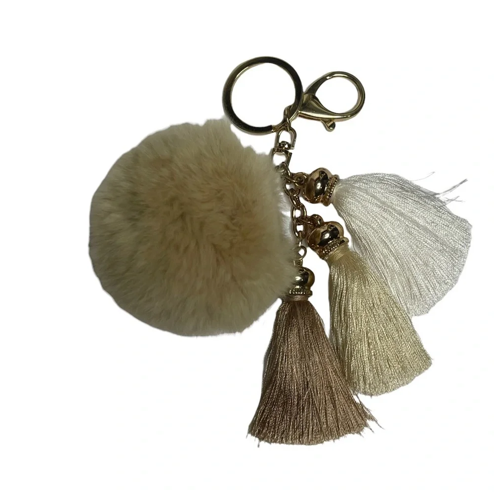 Faux Fur Pom and Tassel Key Ring Holder/Purse Charm/Bag Tag earth tones